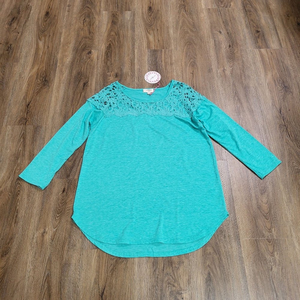 Umgee Womens 3/4 Sleeve Crochet Tunic Top Teal New Boho Beach Long
